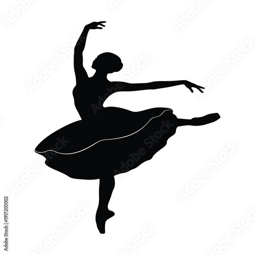 Black silhouette of a ballet dancer in a graceful pose isolated on white background