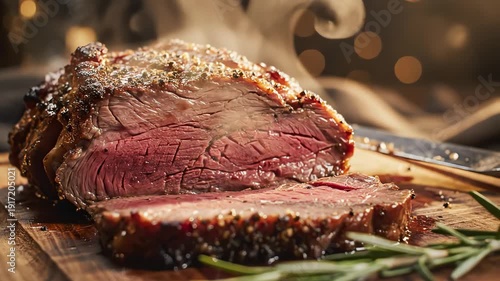 Roasted meat on wooden board with herb garnish and knife