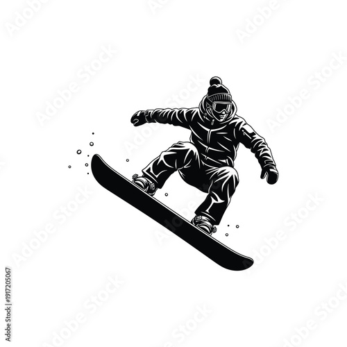 Snowboarder in mid-air isolated on white background, vector illustration of a person snowboarding with snowflakes.