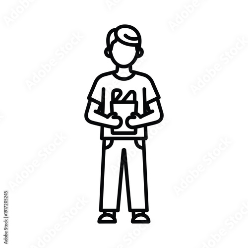 Black line art man holding a tablet vector icon