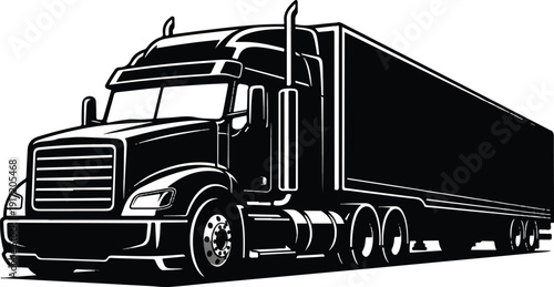 A black semi-truck with a large trailer is viewed from the side on a highway