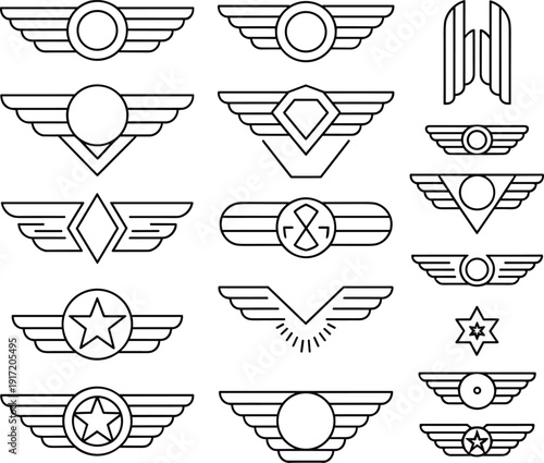Collection of stylized winged insignia icons featuring geometric emblems, ideal for military, aviation, rank design, and symbolic vector graphics.