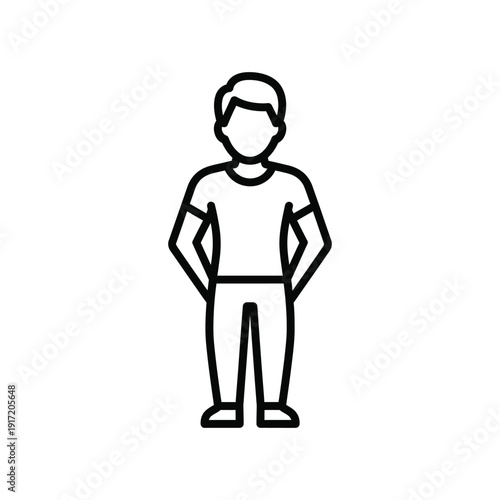 Simple line art man icon, faceless person illustration. Vector drawing of a standing male figure in a casual outfit.
