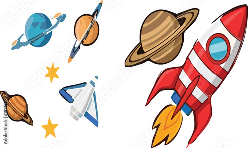 Space rocket and planets cartoon vector illustration collection astronomy galaxy exploration design elements set