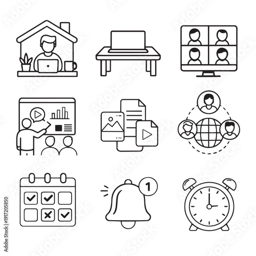 Remote work laptop video call presentation digital file global team calendar notification clock icons in black outline style representing modern office and online collaboration concepts