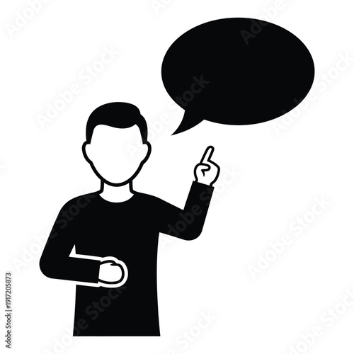Black silhouette of a man pointing upwards with a speech bubble, isolated on white background