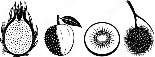 Set of exotic tropical fruit icons including sliced dragon fruit lychee kiwi and rambutan in black and white silhouette line art vector style
