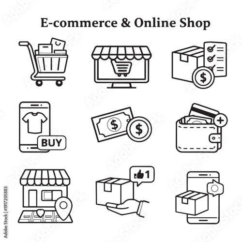 E commerce online shop shopping cart storefront checklist mobile shopping payment wallet delivery and package icons represent digital retail and transaction concepts