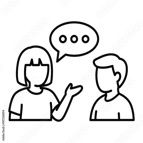Minimalist conversation icon with speech bubble, people talking symbol.