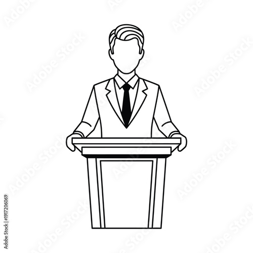 Businessman standing at podium, line art style vector illustration, isolated on transparent background