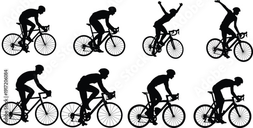 Collection of eight black cyclist silhouettes in dynamic road bike poses including racing, turning, and celebrating gestures isolated on white background for sports design.