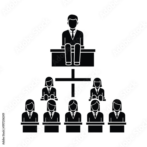 Business hierarchy organization chart vector icon set. Includes company structure, management, leadership, and teamwork symbols. Created in simple style with black and white palette.