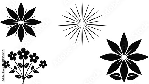 Collection of four black floral silhouette designs featuring unique petal arrangements, bouquet composition, radial burst flower, and decorative
