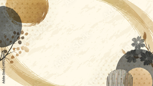 和モダンなデザインの黒と金の丸、植物と筆跡モチーフの背景素材