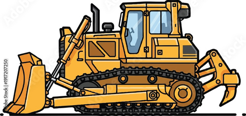 Heavy machinery bulldozer at work on a construction site, viewed from the side with clear illustration details