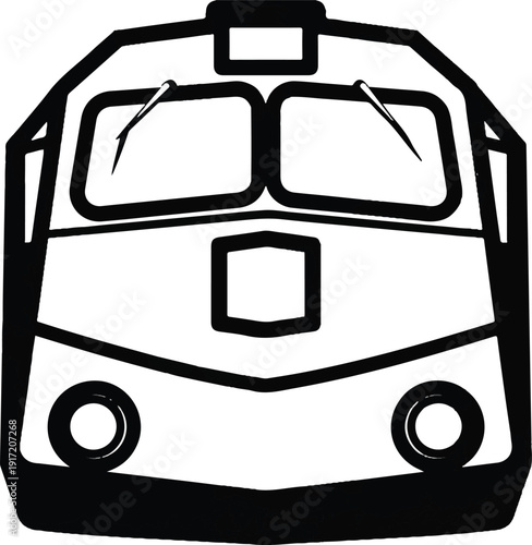 Front view of a train with windshield wipers in a transportation setting illustration