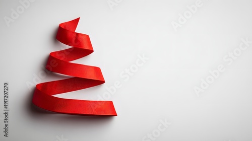 Red Ribbon Christmas Tree Shape on White Background Minimalist Holiday Concept.