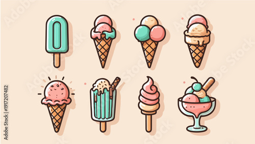 Ice cream collection set with colorful cones and sweet frozen dessert flavors in vector illustration