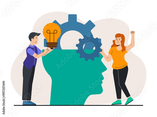 A man places a light bulb on top of a silhouetted head, while a woman adjusts gears symbolizing brainstorming, innovation, and creative thinking. Skill building illustration. Flat vector illustration.