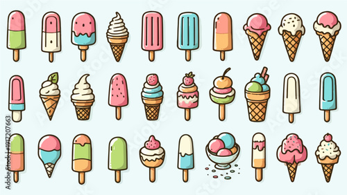A delicious summer collection of sweet ice cream cones and frozen treats featuring a colorful nail polish set and a matching set of lipsticks in a tasty cartoon vector illustration