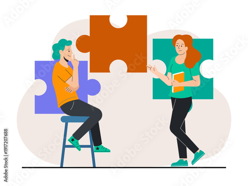 Two characters connecting large jigsaw puzzle pieces to symbolize finding common ground or a solution. Skill building illustration. Flat vector illustration.