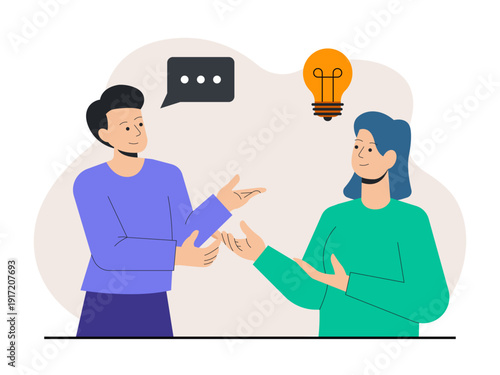 Two people communicating with hand gestures may be discussing a new idea. Skill building illustration. Flat vector illustration.