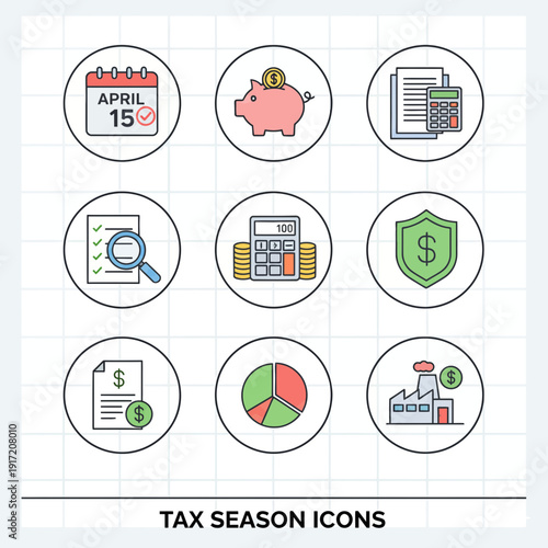 Collection of icons representing tax season elements on a grid background viewed from directly above