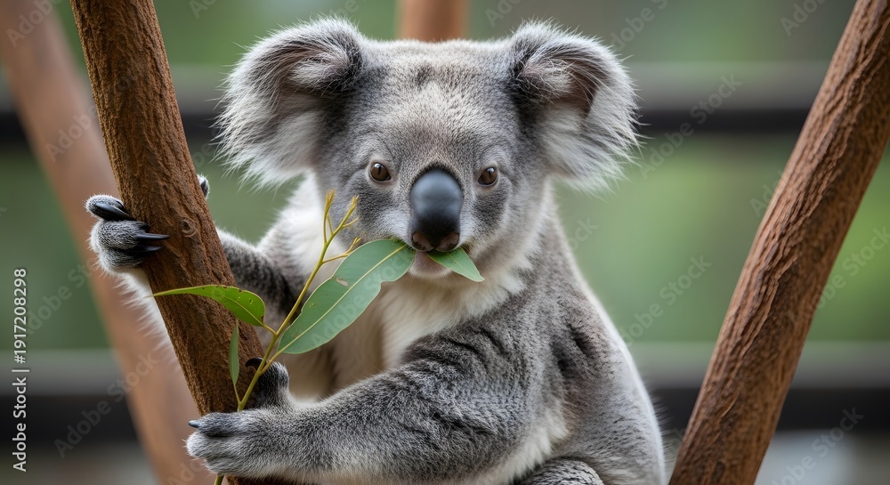 Obraz premium Close-up of a Koala Eating Eucalyptus Leaves on a Tree