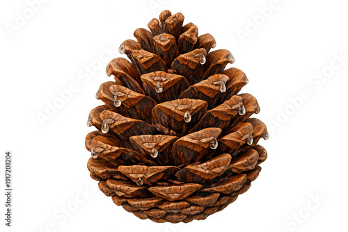 Pine cone featuring moisture or resin drops on its textured scales, providing a natural autumn or winter season element