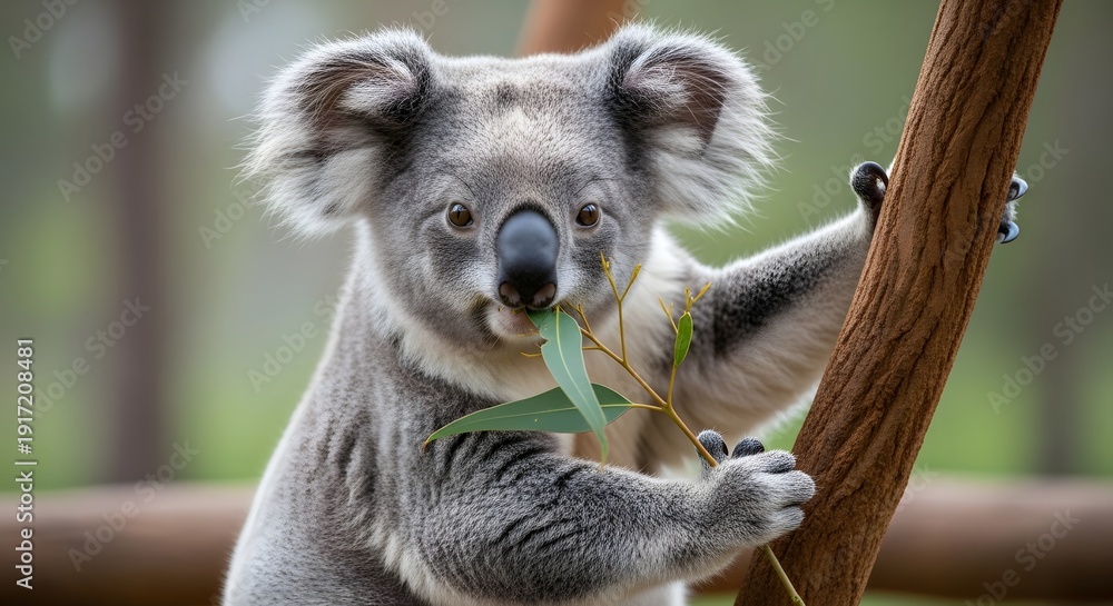 Obraz premium Cute koala eating eucalyptus leaves in natural habitat