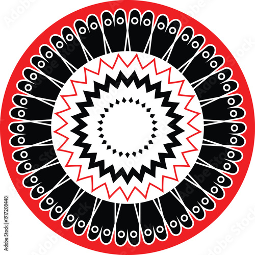 "Aboriginal Art Style Mandala, Concentric Circle Pattern, Red Black White Design, Indigenous Dot Painting, Ethnic Geometric Ornament, Tribal Round Motif, Cultural Sacred Symbol"