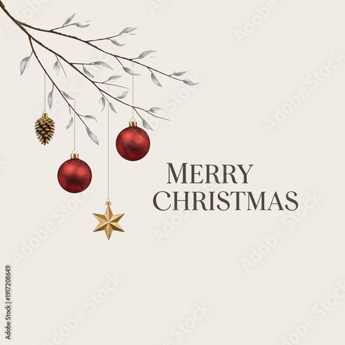 Christmas tree branch with ornaments and Merry Christmas text