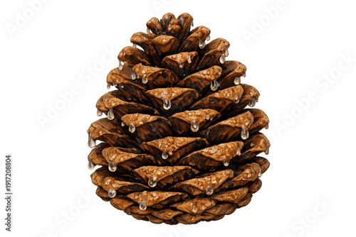 Pine cone displaying drops of resin along its scales on a transparent background, symbolizing nature, winter, and forestry