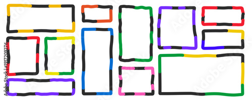 Colorful rectangular frames with irregular brush stroke borders. Element frame label.
