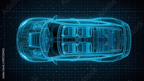 俯瞰の等角構図で内部配置と駆動流れを見せる線画車両