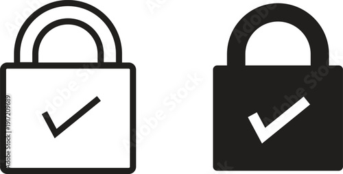 Secure Padlock with Check Mark Icon Set – Verified Security Lock Vector Collection