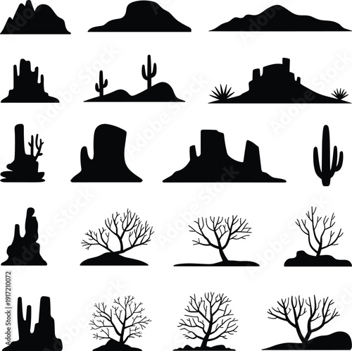 Desert landscape silhouette set featuring mountains, cacti, rock formations and bare trees in minimalist black vector style isolated on white background