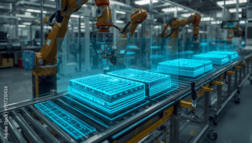 EVバッテリー工程を青いデジタルツインで示す自動化工場ライン