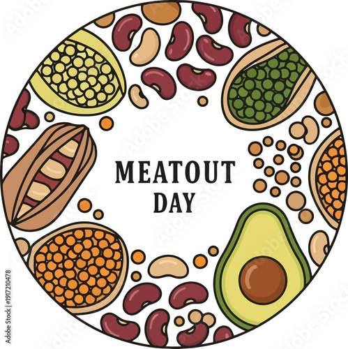 Vibrant Meatout Day Illustration Featuring Diverse Plant-Based Ingredients