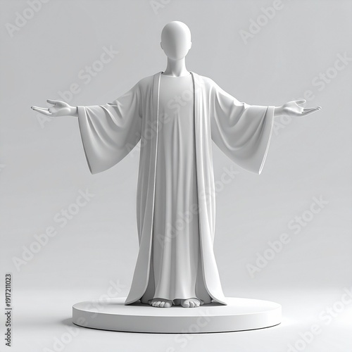 Serene faceless figure in flowing white robe on pedestal