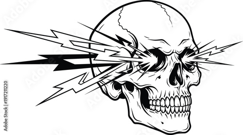 Human Skull with Lightning Bolts Erupting from Eyes Vector Illustration Isolated on White Background for Streetwear Design Heavy Metal Music Logo and Edgy Graphic