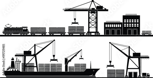Industrial Logistics Silhouette Set Featuring Cargo Ship Container Terminal Freight Train and Port Cranes for Global Trade Shipping and Supply Chain Management Concept Illustration