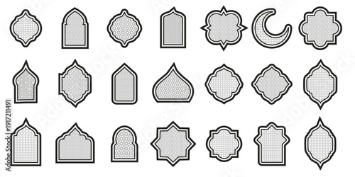 Set of islamic dome and window silhouettes with traditional arabic patterns and crescent moon for ramadan kareem mosque architecture design.