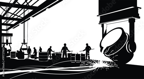 Industrial Steel Foundry Workers Operating Heavy Machinery to Pour Molten Metal from Large Ladle in Black and White Silhouette Vector Illustration for Manufacturing Concept