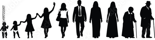 Vector Silhouettes Representing Human Life Cycle From Infancy to Old Age, Featuring Stages of Growth, Aging, Childhood, Adulthood, and Senior Years