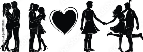 Romantic Silhouette Collection of Young Couples in Love Dancing Kissing and Holding Hands with Heart Symbol for Valentine Day Celebration on White Background
