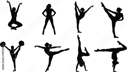 Vector Silhouettes of Female Gymnasts and Dancers, Set of Icons Featuring Acrobatic Poses, Cheerleading, Ballet, Gymnastics, and Athletic Performance Movement
