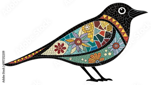 Vibrant mosaic bird with colorful floral patterns and geometric shapes