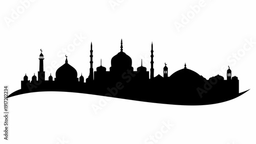 Majestic mosque cityscape silhouette with domes and minarets