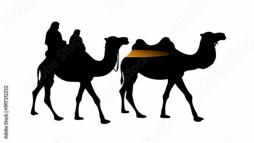 Two camels walking side by side in desert landscape